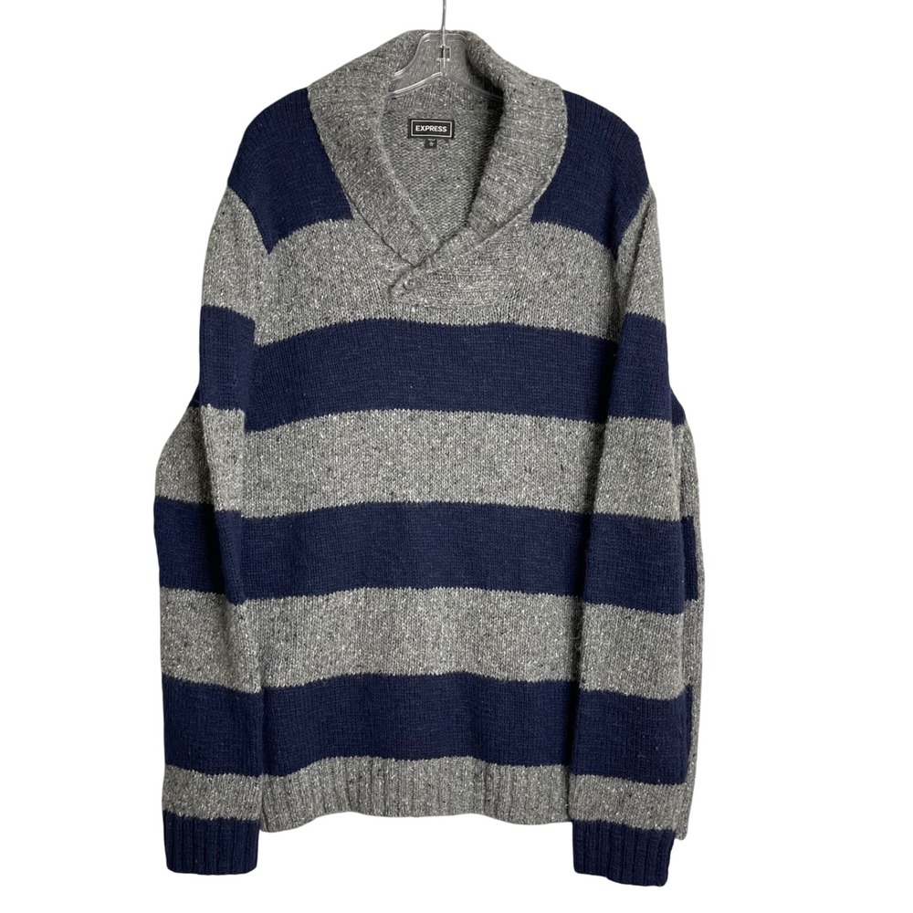 Vintage Express Sweater Mens‎ XL Striped Rugby Wool Blend Shawl Preppy Knit